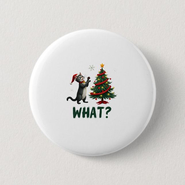 Chapa Redonda De 5 Cm What Funny Cat Pushing Christmas Tree Over Cat Xma (Anverso)