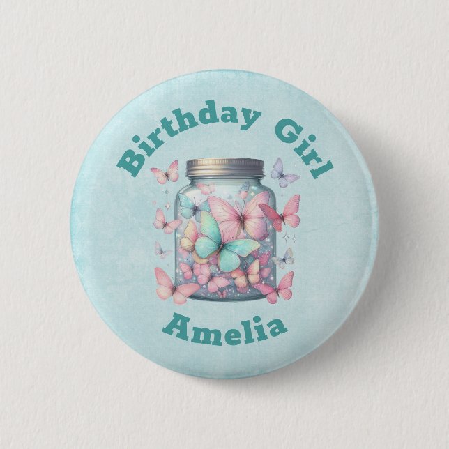 Chapa Redonda De 5 Cm Whimsical Butterflies in a Jar Birthday Girl (Anverso)