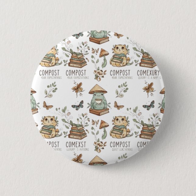 Chapa Redonda De 5 Cm Whimsical "Compost Your Expectations" Frog & Cat P (Anverso)