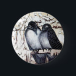 Chapa Redonda De 5 Cm WINTER LOVE BIRDS IN SNOW Black White<br><div class="desc">Whimsical design with funny Winter birds in snow . Digital elaboration by Bulgan Lumini</div>