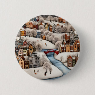 Chapa Redonda De 5 Cm Winter Village Scene Cozy Snowy Town 