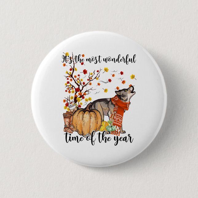 Chapa Redonda De 5 Cm Wolf Dog Fall Pumpkins Autumn Leaf Tree (Anverso)