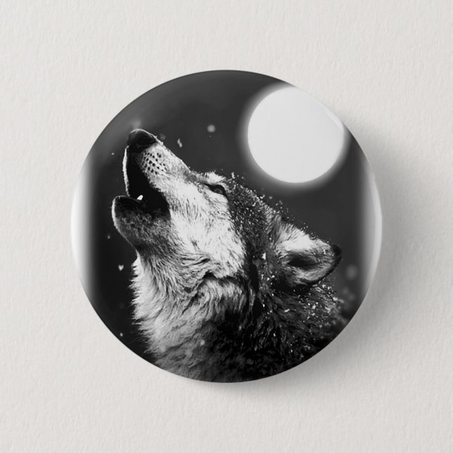 Chapa Redonda De 5 Cm Wolf Howling en la Luna (Anverso)