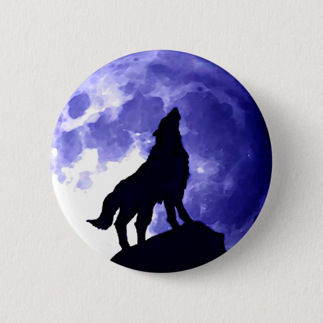 Chapa Redonda De 5 Cm Wolf Howling en la Luna (Anverso)