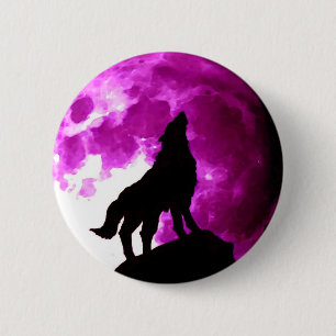 Chapa Redonda De 5 Cm Wolf Howling en la Luna