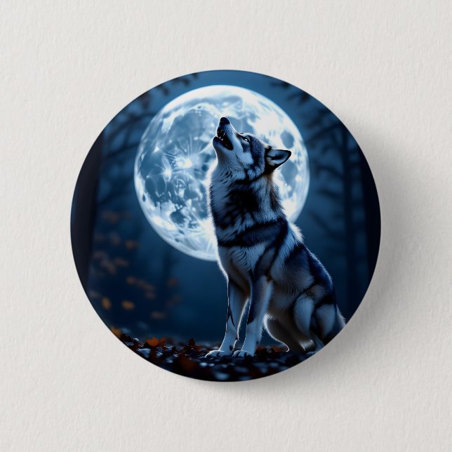 Chapa Redonda De 5 Cm Wolf Howling en la Luna (Anverso)