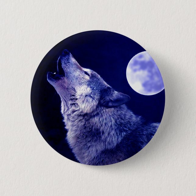 Chapa Redonda De 5 Cm Wolf Howling en la Luna (Anverso)