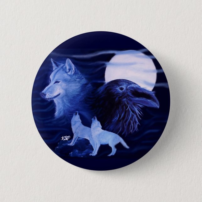 Chapa Redonda De 5 Cm Wolf y Raven con luna llena (Anverso)