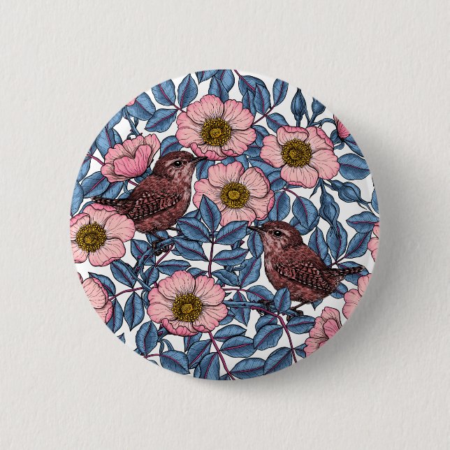 Chapa Redonda De 5 Cm Wrens en los rosas (Anverso)