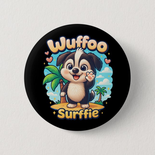 Chapa Redonda De 5 Cm Wuffoo Surffie Cute Kawaii Puppy Tropical Island (Anverso)