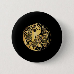 Chapa Redonda De 5 Cm Yin Yang Tigre Dragón Oro