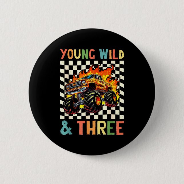 Chapa Redonda De 5 Cm Young Wild And Three Monster Truck 3rd Birthday 3y (Anverso)