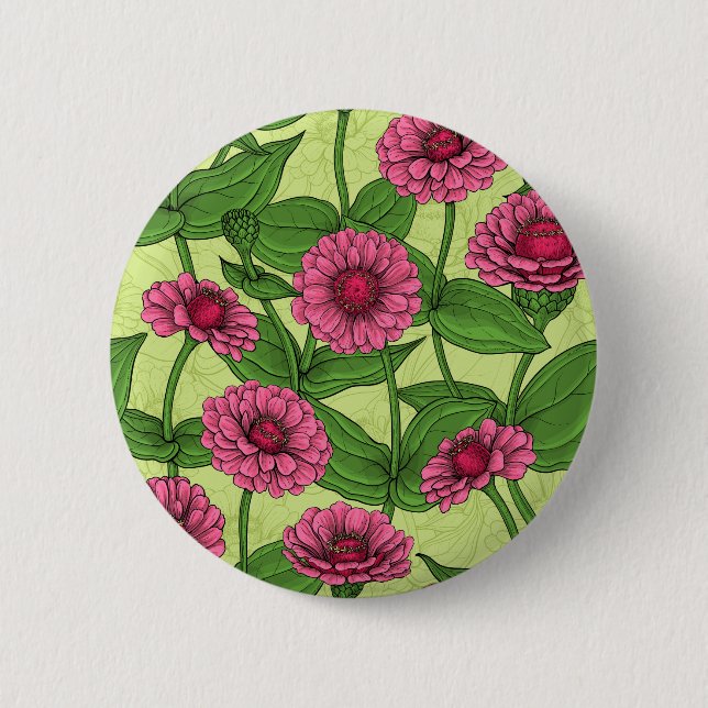 Chapa Redonda De 5 Cm Zinnias rosas sobre verde claro (Anverso)