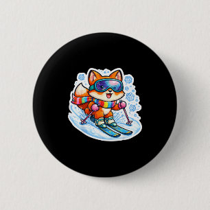 Chapa Redonda De 5 Cm Zorro de dibujos animados lindo esquiando esquiado
