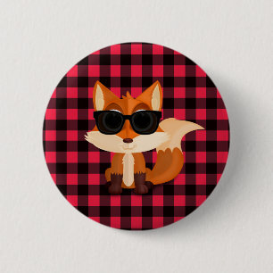 Chapa Redonda De 5 Cm Zorro fresco con gafas de sol sobre gingham rojo