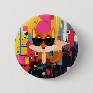 Chapa Redonda De 5 Cm Zorro Genial y Fresco con Gafas de Sol en Abstract