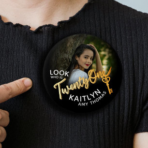 Chapa Redonda De 7 Cm 21 personalizado de cumpleaños foto color oro y ne