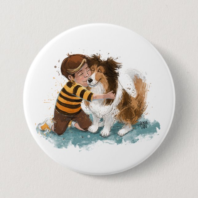 Chapa Redonda De 7 Cm Abrazo de Sheltie y perro chico (Anverso)