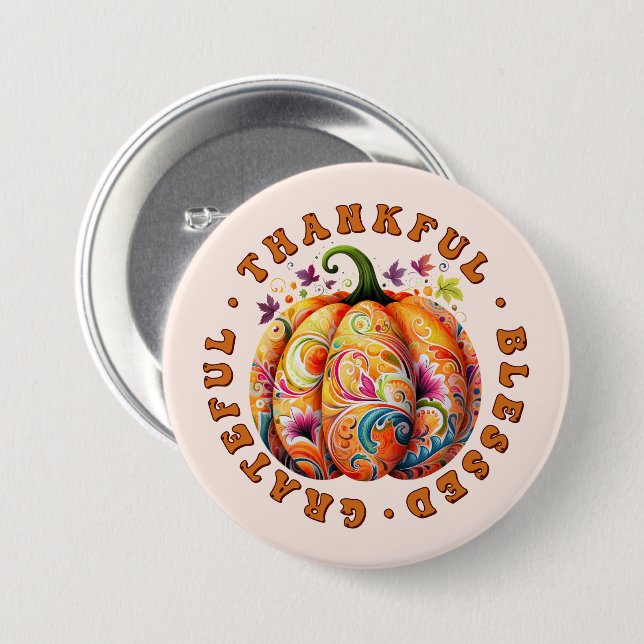 Chapa Redonda De 7 Cm Afortunada, bendecida calabaza floral (Anverso y reverso)