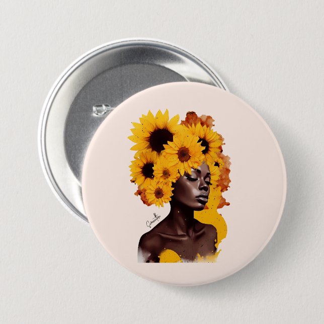 Chapa Redonda De 7 Cm Afroamericana con pelo afro girasol (Anverso y reverso)
