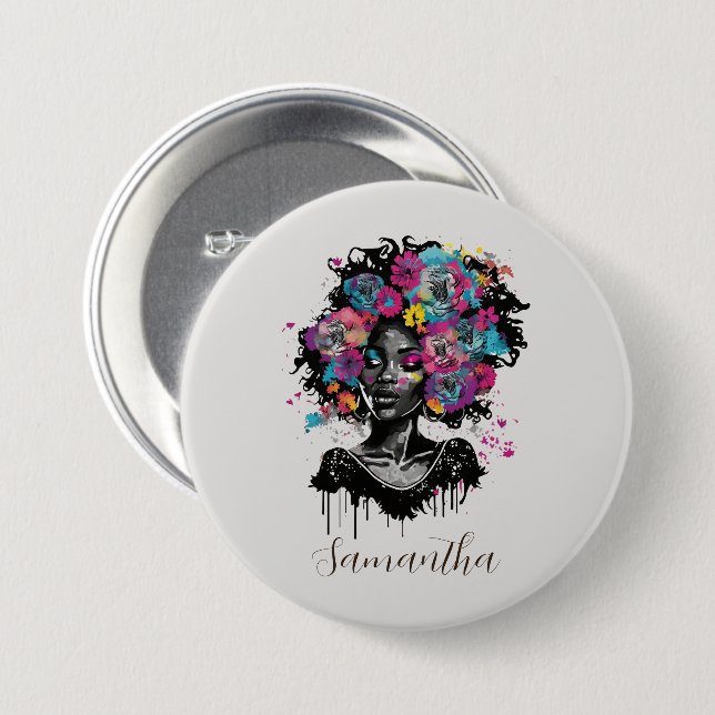 Chapa Redonda De 7 Cm Afromujer con clase floral (Anverso y reverso)