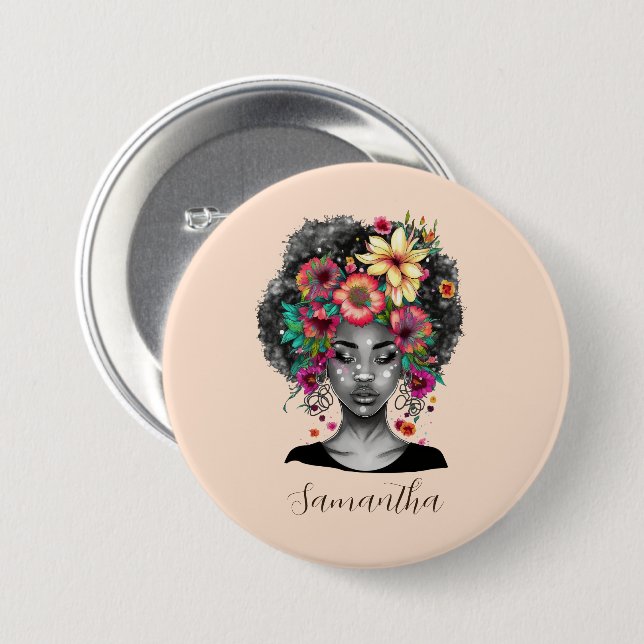 Chapa Redonda De 7 Cm Afromujer floral elegante (Anverso y reverso)