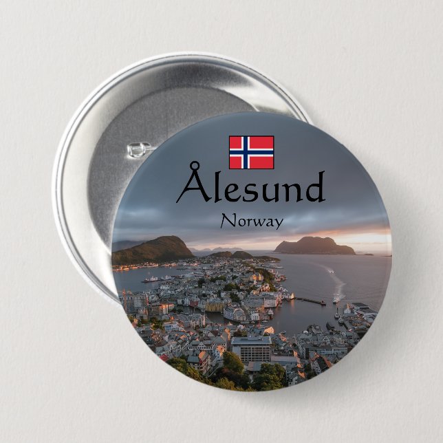 Chapa Redonda De 7 Cm Alesund Norway Souvenir (Anverso y reverso)