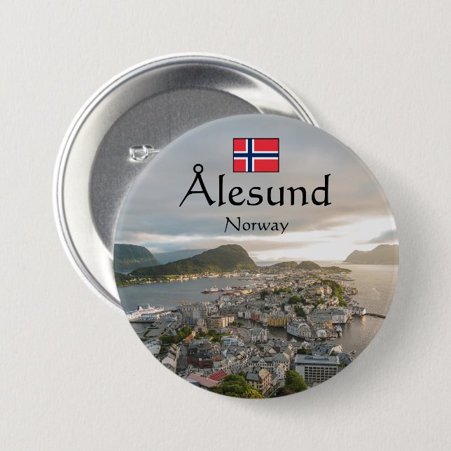 Chapa Redonda De 7 Cm Alesund Norway Souvenir (Anverso y reverso)