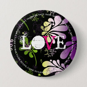 Chapa Redonda De 7 Cm Amor, con divertido borde de texto sobre fondo flo
