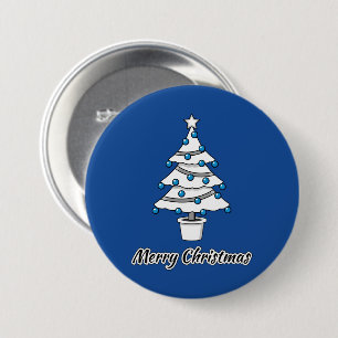 Chapa Redonda De 7 Cm Árbol de Navidad Blanco Adornos Azules - Feliz Nav