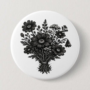 Chapa Redonda De 7 Cm Arte floral botánico linoleografía de flores silve