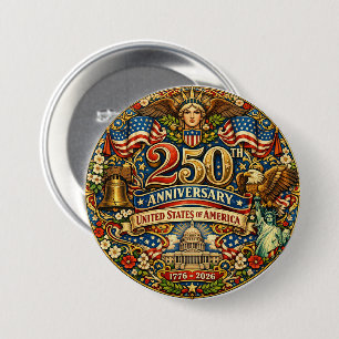 Chapa Redonda De 7 Cm Arte Nouveau Retro Aniversario 250 USA Vintage