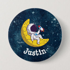 Chapa Redonda De 7 Cm Astronauta Personalizado en la Luna con Cohete