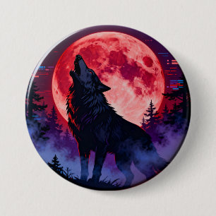 Chapa Redonda De 7 Cm Aullido Carmesí: Lobo Cyberpunk Bajo Luna de Sangr