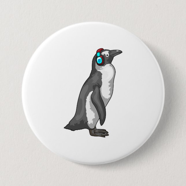 Chapa Redonda De 7 Cm Auriculares con música pingüino (Anverso)