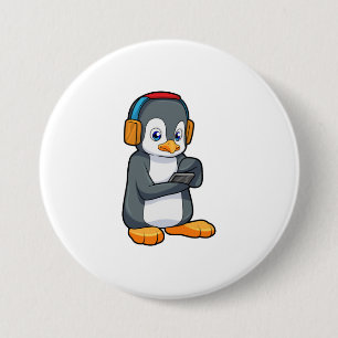 Chapa Redonda De 7 Cm Auriculares con música pingüino