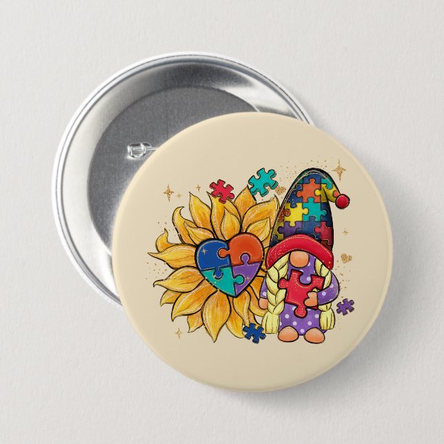 Chapa Redonda De 7 Cm Autismo Sunflower Gnome (Anverso y reverso)