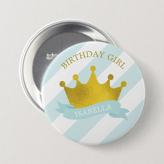 Chapa Redonda De 7 Cm Baby Blue y Gold Tiara "Chica de cumpleaños"