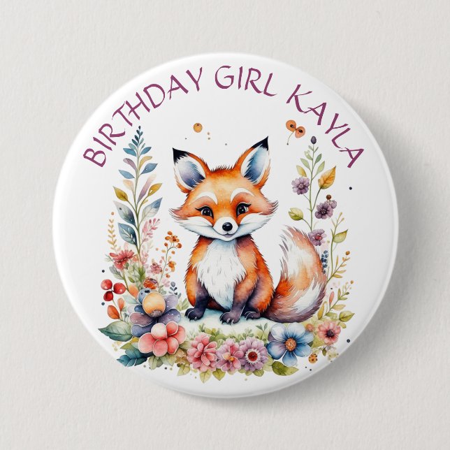 Chapa Redonda De 7 Cm Baby Fox en flores chica de cumpleaños personaliza (Anverso)