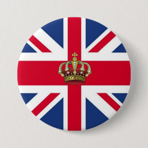 Chapa Redonda De 7 Cm Bandera del Reino Unido con corona real