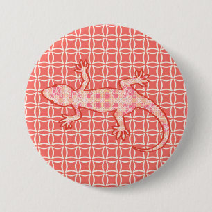 Chapa Redonda De 7 Cm batik tribal Gecko - rosa de coral y crema
