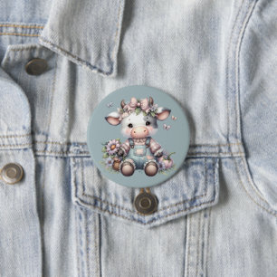 Chapa Redonda De 7 Cm Bebé Vaca Pastel Adorable con Overoles y Flores