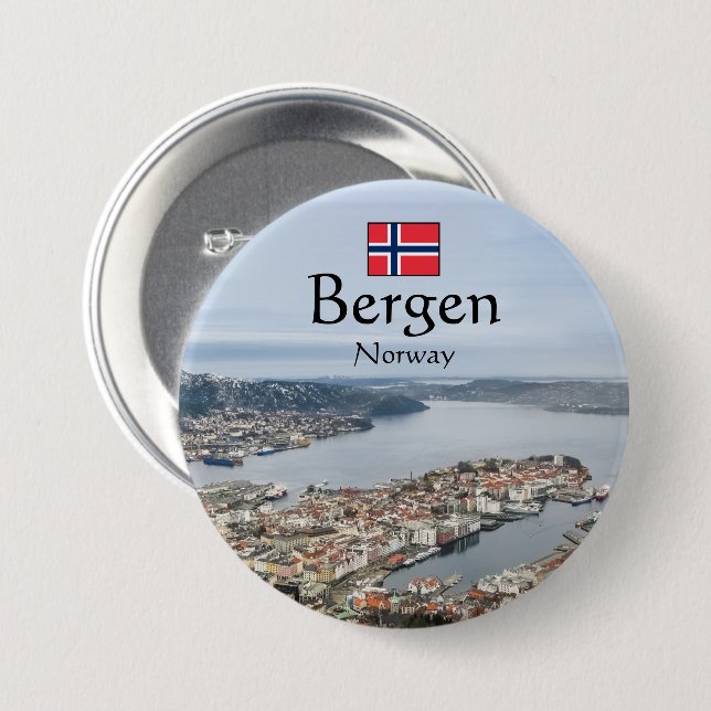 Chapa Redonda De 7 Cm Bergen Noruega (Anverso y reverso)