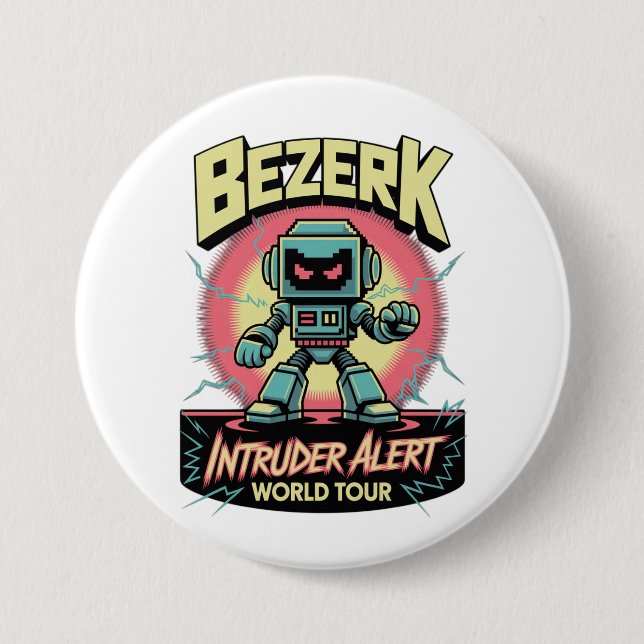 Chapa Redonda De 7 Cm Bezerk Intruder Alert World Tour Retro Arcade  (Anverso)
