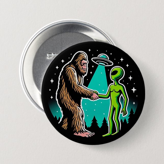 Chapa Redonda De 7 Cm Bigfoot Meets Alien (Anverso y reverso)