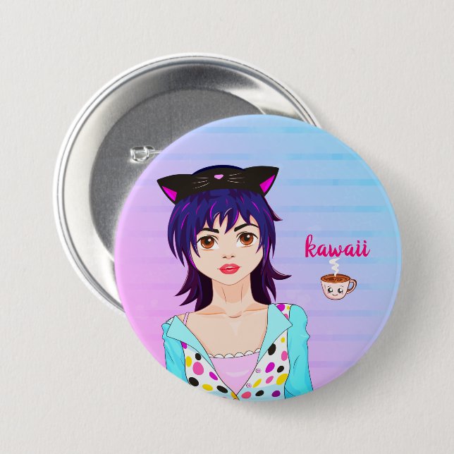 Chapa Redonda De 7 Cm Bonito chica Anime y taza de café kawaii (Anverso y reverso)