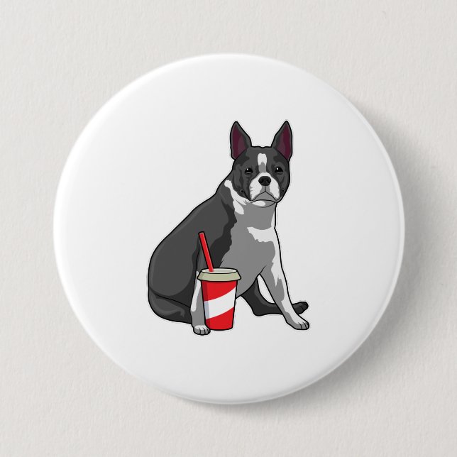 Chapa Redonda De 7 Cm Boston Terrier con bebida (Anverso)