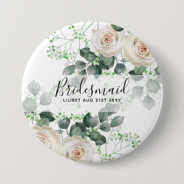 Chapa Redonda De 7 Cm Bridesmaid Regalos White Roses Tema Personalizado (Anverso)