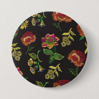 Chapa Redonda De 7 Cm broche bordado con flores sobre un fondo negro