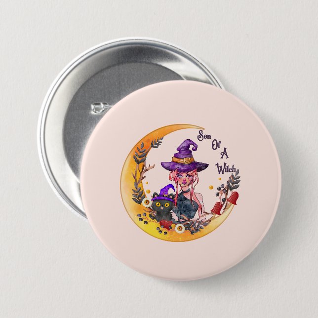 Chapa Redonda De 7 Cm Bruja y gato negro (Anverso y reverso)